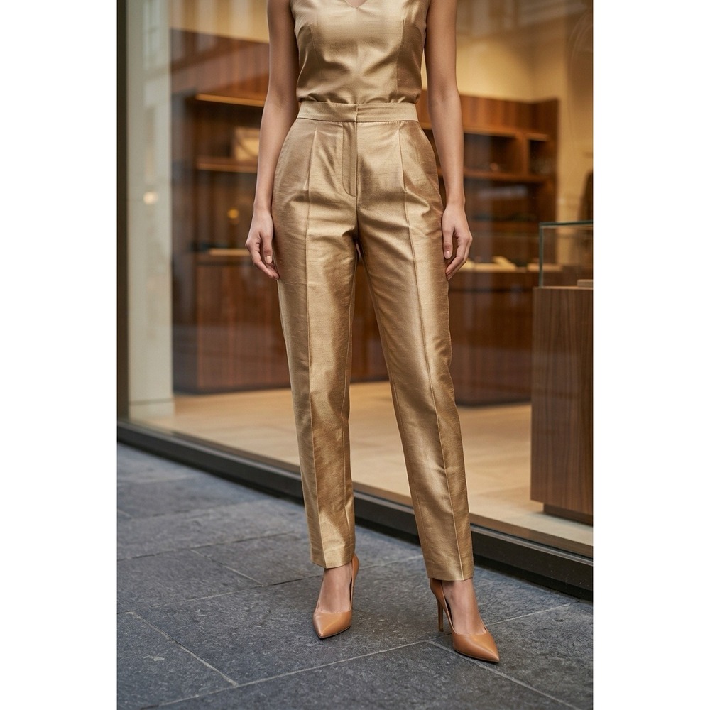 Kate Hill Women 12 Gold 100% Silk Dupioni Tapered Dress Pants High Rise Formal